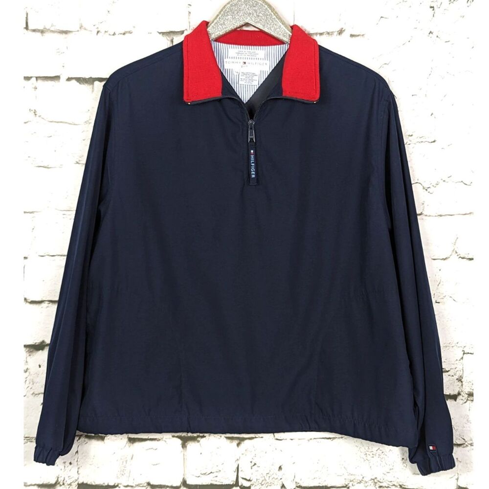 TOMMY HILFIGER GOLF 1/4 Zip Pullover Windbreaker Navy Blue Sporty Pockets Large